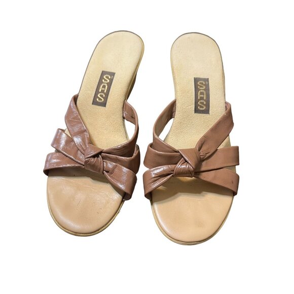 SAS 249070 Brown Leather Comfort Sandals Shoes Rubber Block Heel Slip On Size 8 - Picture 2 of 7